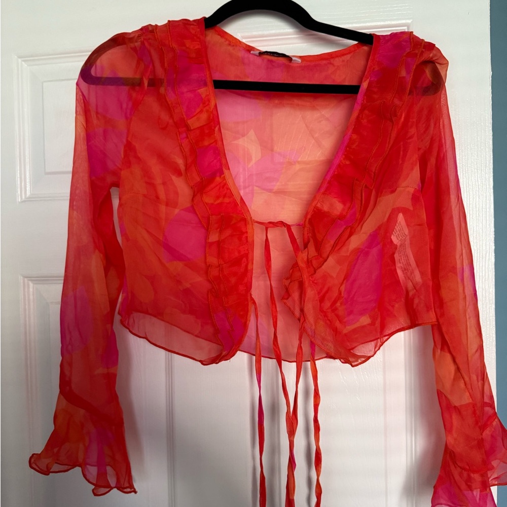 Stradivarius Red and Pink Sheer Ruffle Blouse